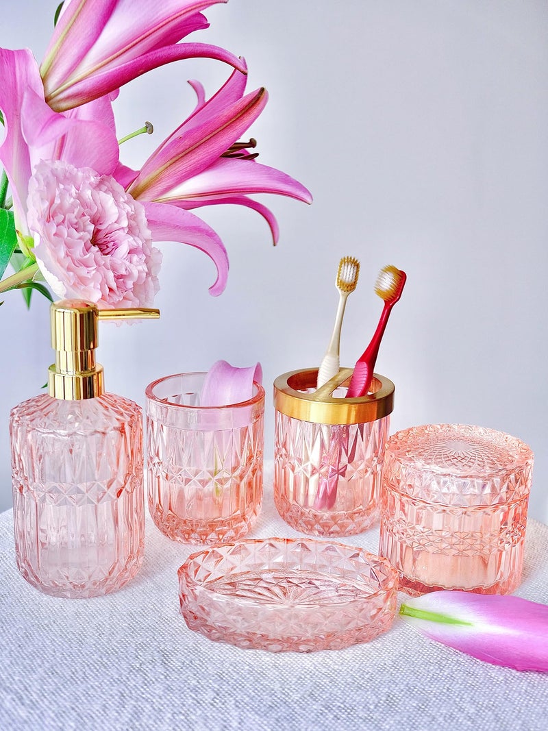 LaMarriti Pink Bathroom Accessories  5pcs Glass Bathroom Accessories Set  Soap Dispenser Set  Soap Dish  Tumbler  Cotton Swab Jars  Toothbrush Holder  Modern Bathroom Decor  Set - Image 2